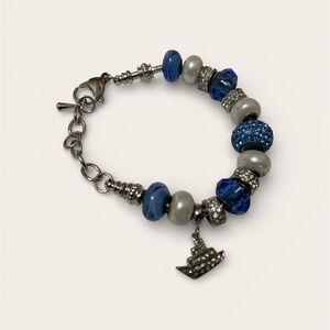 Blue Pearl Silver Bracelet with Rhinestone Boat Charm
